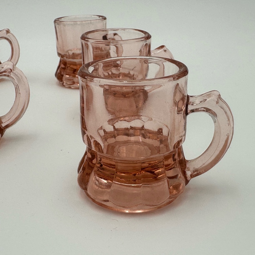 Vintage Pink Depression Glass Mini Beer Mug Shot Glass Lot of 7